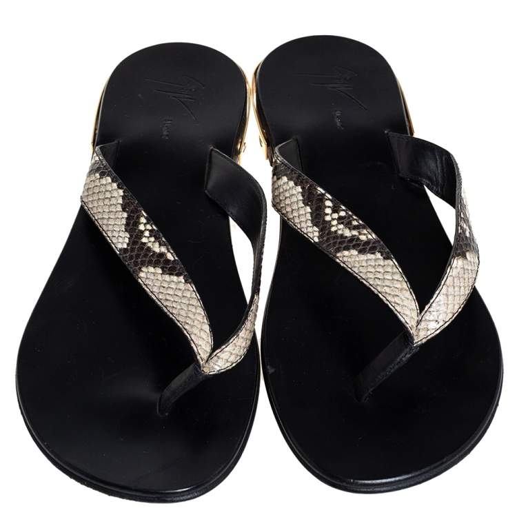 Pre Owned Giuseppe Zanotti Beige/Brown Snakeskin Embossed Leather Slide Sandals Size 43