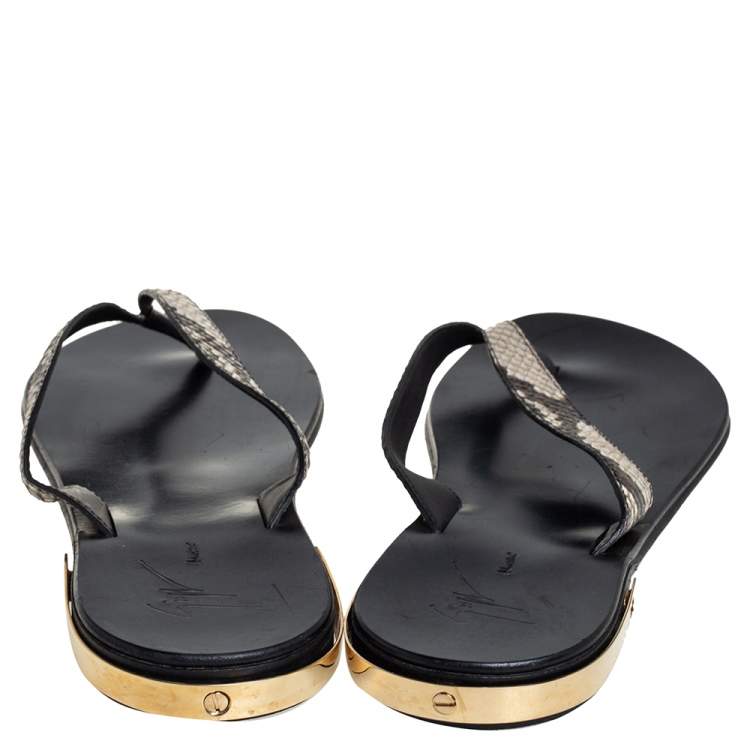 Pre Owned Giuseppe Zanotti Beige/Brown Snakeskin Embossed Leather Slide Sandals Size 43