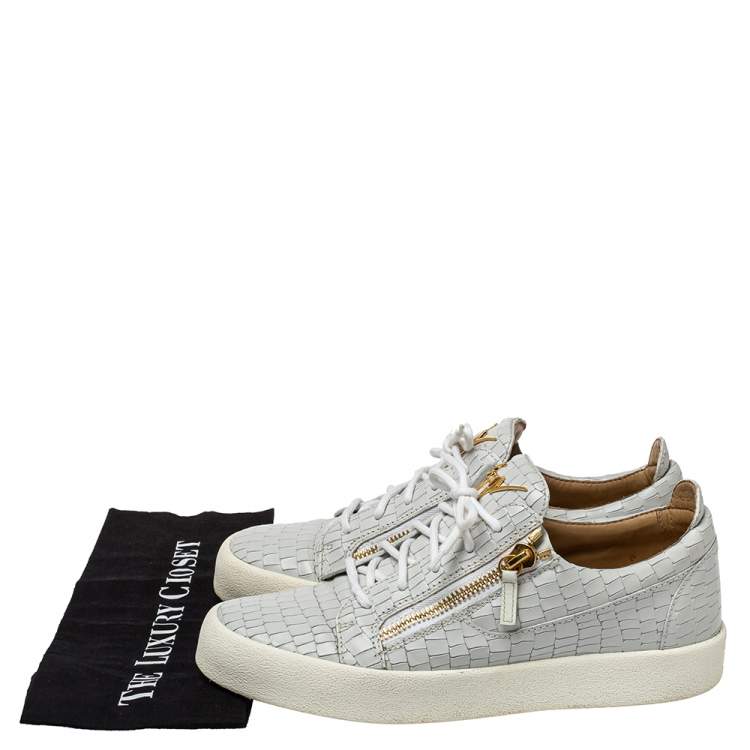 Pre Owned Giuseppe Zanotti Grey/White Leather Double Zip Low Top Sneakers Size 43