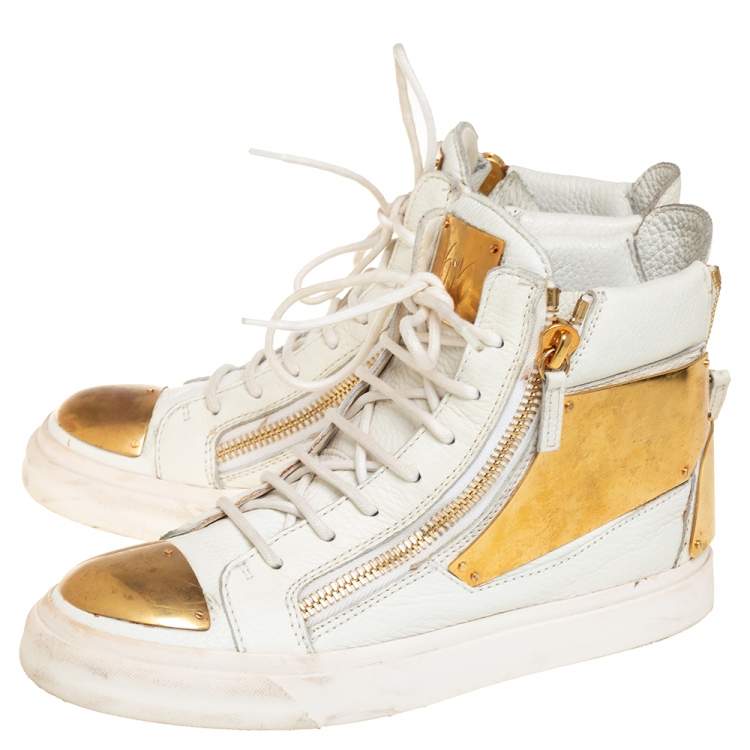 Pre Owned Giuseppe Zanotti White Leather Metal Embellished Double Chain High Top Sneakers Size 39