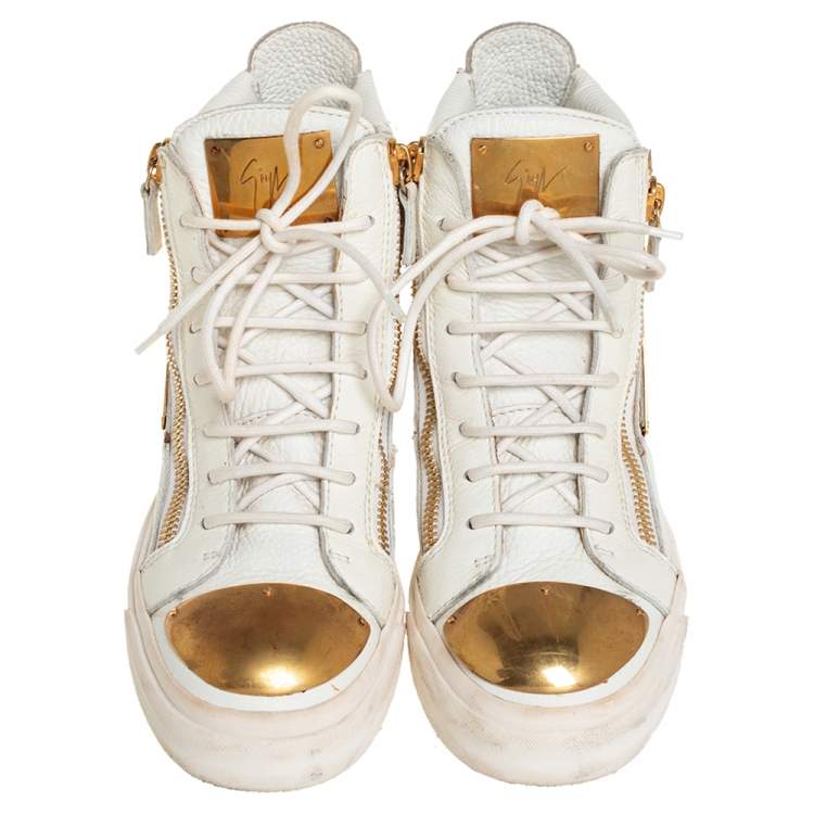 Pre Owned Giuseppe Zanotti White Leather Metal Embellished Double Chain High Top Sneakers Size 39
