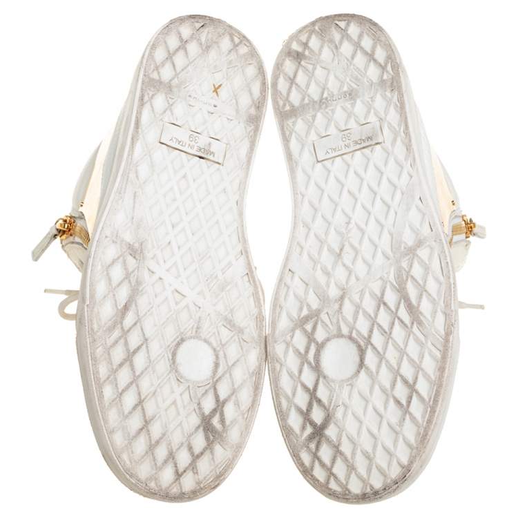 Pre Owned Giuseppe Zanotti White Leather Metal Embellished Double Chain High Top Sneakers Size 39