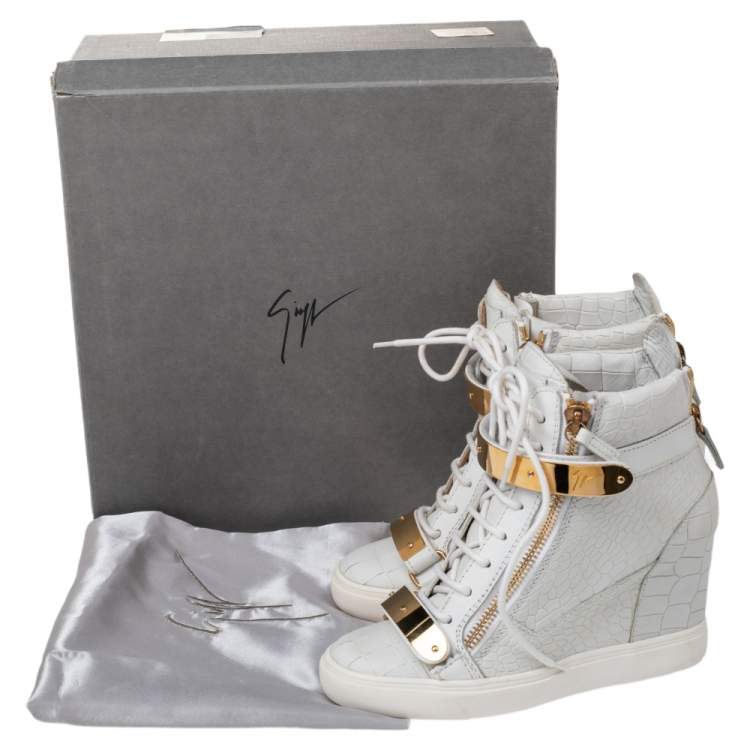 Pre Owned Giuseppe Zanotti White Croc Embossed And Leather Lorenz Wedge High Top Sneakers Size 38