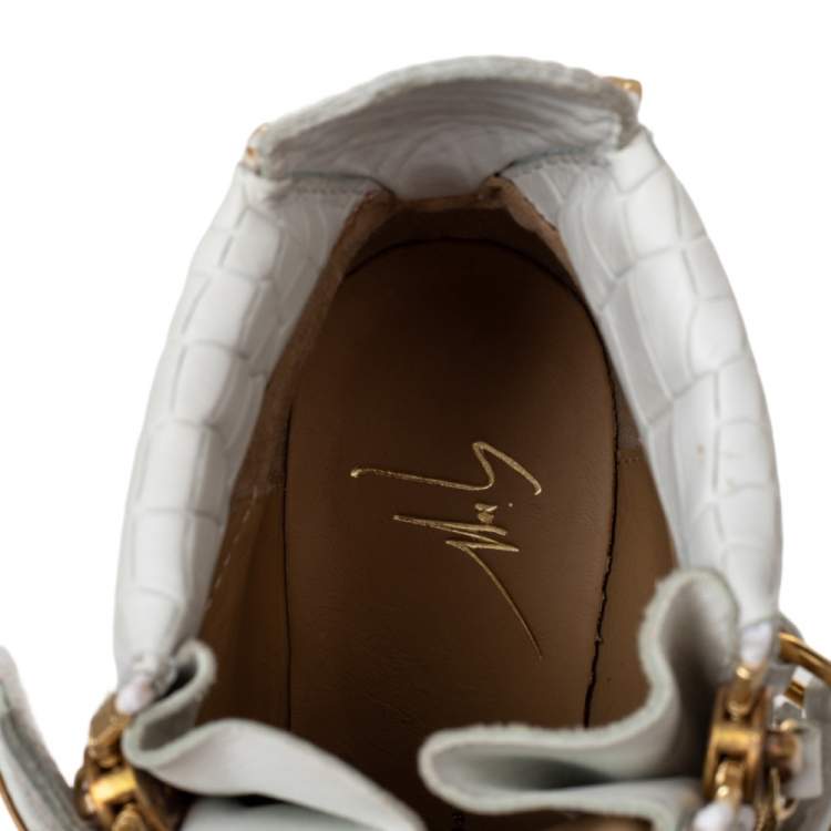 Pre Owned Giuseppe Zanotti White Croc Embossed And Leather Lorenz Wedge High Top Sneakers Size 38