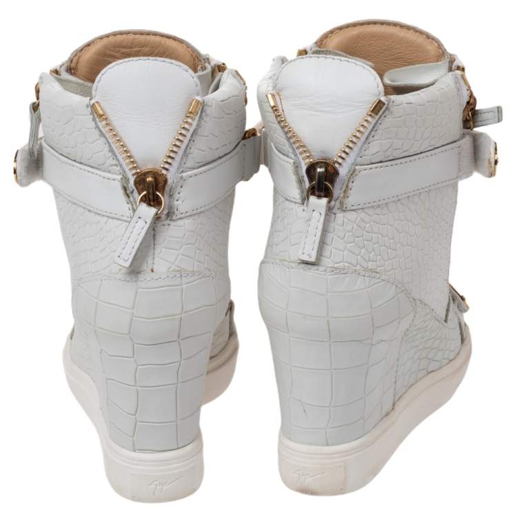 Pre Owned Giuseppe Zanotti White Croc Embossed And Leather Lorenz Wedge High Top Sneakers Size 38