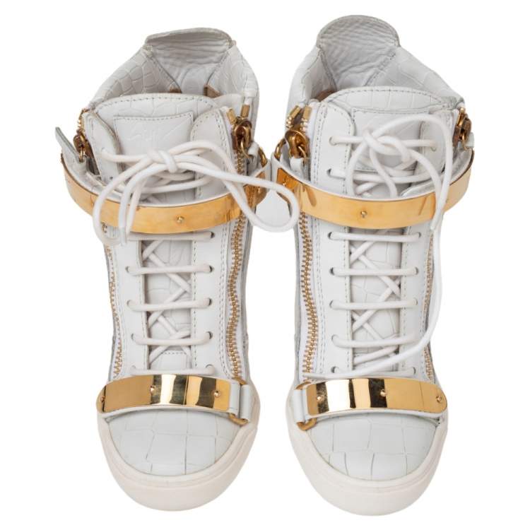 Pre Owned Giuseppe Zanotti White Croc Embossed And Leather Lorenz Wedge High Top Sneakers Size 38