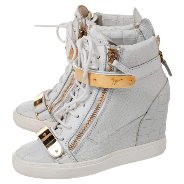 Pre Owned Giuseppe Zanotti White Croc Embossed And Leather Lorenz Wedge High Top Sneakers Size 38