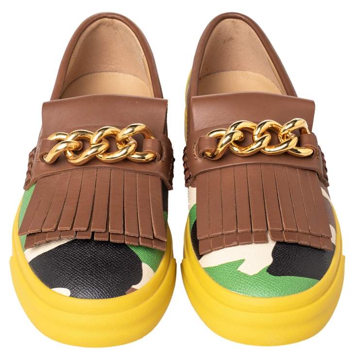Pre Owned Giuseppe Zanotti Multicolor Camouflage Leather Fringed Chain Detail Slip On Sneakers Size 39