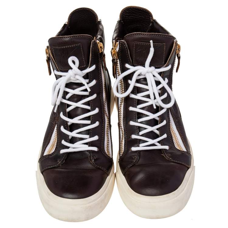 Pre Owned Giuseppe Zanotti Brown Leather Double Zipper High Top Sneakers Size 43.5