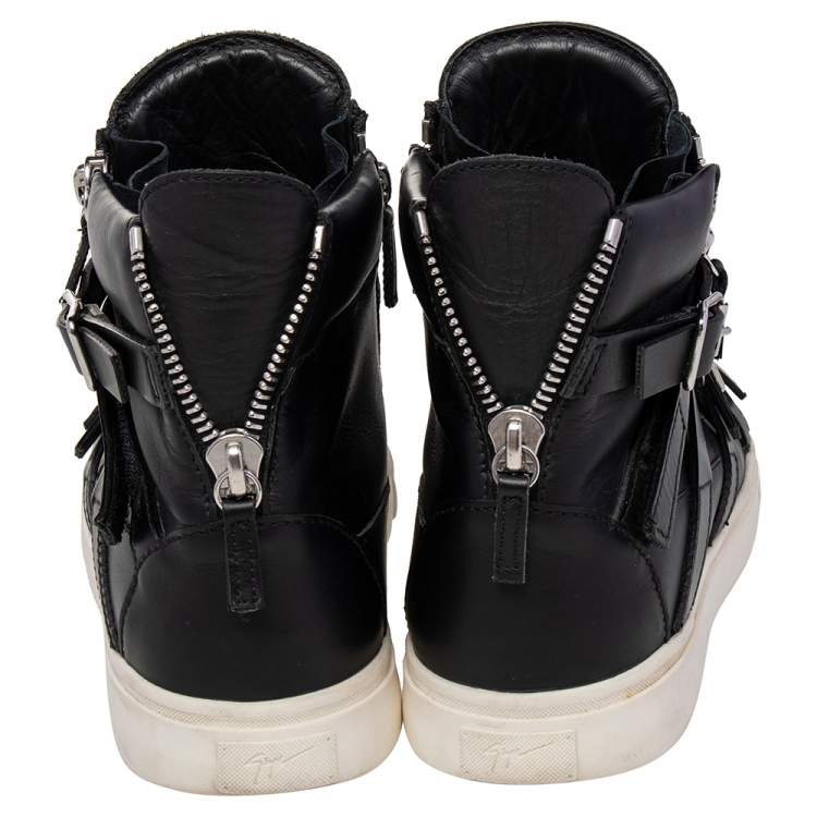 Pre Owned Giuseppe Zanotti Black Leather Buckle Detail High Top Sneakers Size 44