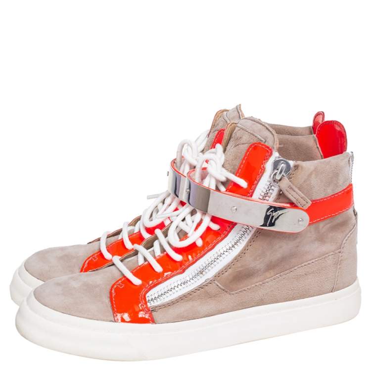 مملوكة مسبقًا Giuseppe Zanotti Beige/Neon Orange Patent Leather and Suede Double Bar High Top Sneakers Size 38.5