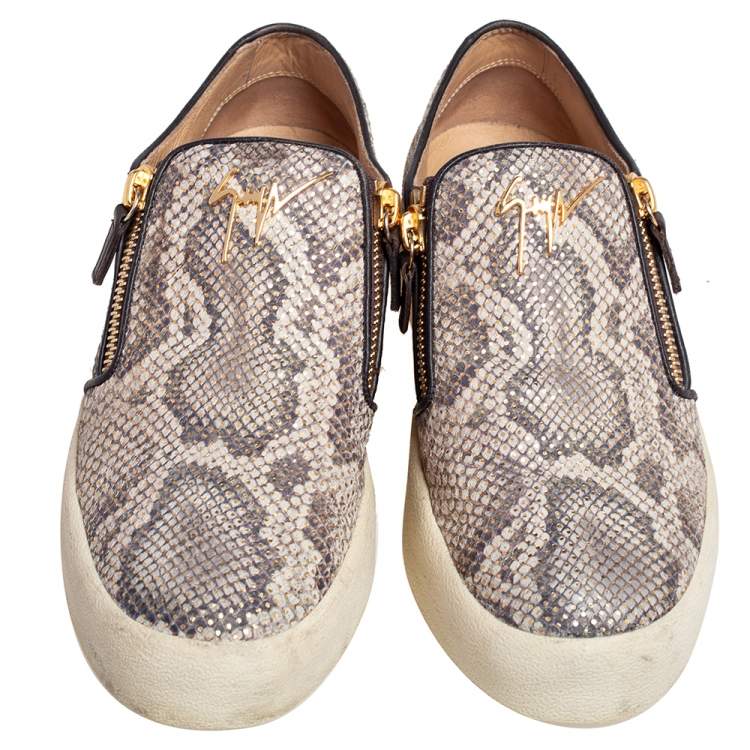 Pre Owned Gluseppe Zanotti Beige Snakeskin Embossed Leather Zip Detail Slip-on Sneakers Size 42.5