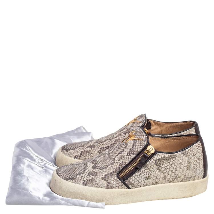Pre Owned Gluseppe Zanotti Beige Snakeskin Embossed Leather Zip Detail Slip-on Sneakers Size 42.5