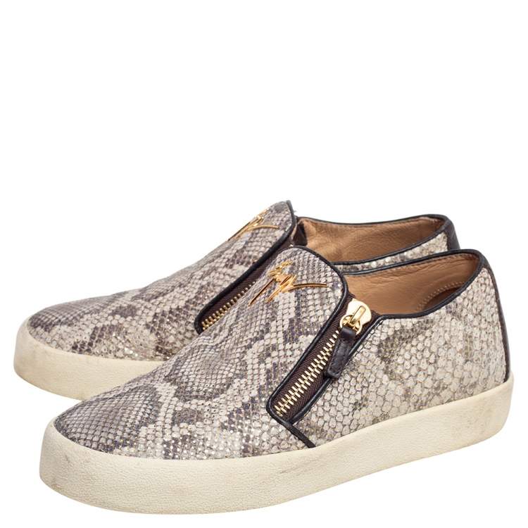 Pre Owned Gluseppe Zanotti Beige Snakeskin Embossed Leather Zip Detail Slip-on Sneakers Size 42.5
