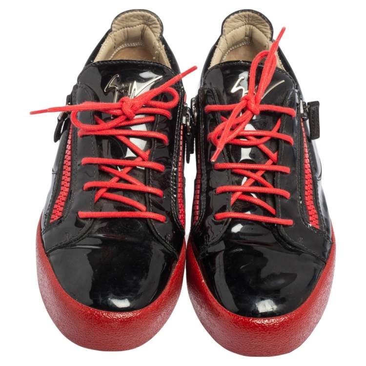 Pre Owned Giuseppe Zanotti Black/Red Patent Leather Frankie Low Top Sneakers Size 42