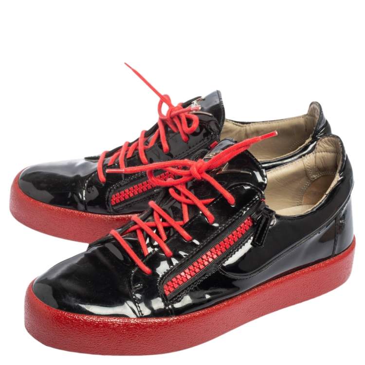 Pre Owned Giuseppe Zanotti Black/Red Patent Leather Frankie Low Top Sneakers Size 42
