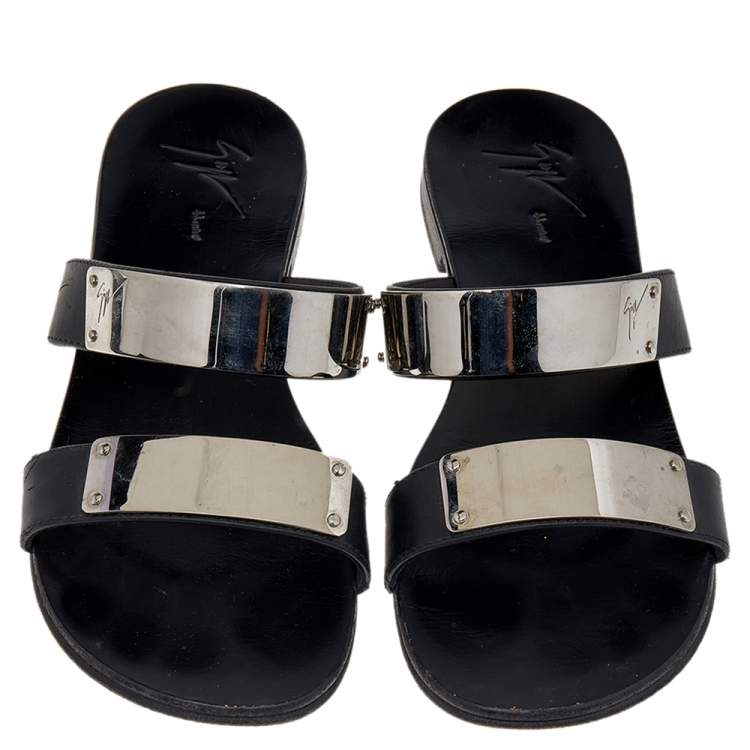 Pre Owned Guiseppe Zanotti Black Leather Slide Sandals Size 41.5