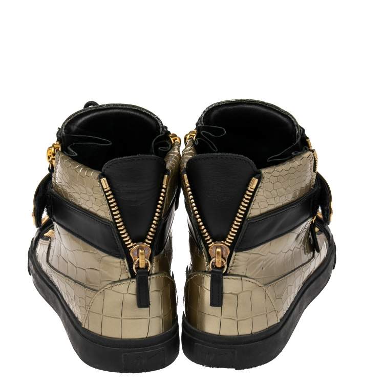 Pre Owned Giuseppe Zanotti Metallic Green Croc Embossed Leather Coby High Top Sneakers Size 40.5