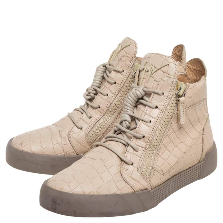 Pre Owned Giuseppe Zanotti Beige Croc Embossed Leather London High Top Sneakers Size 40