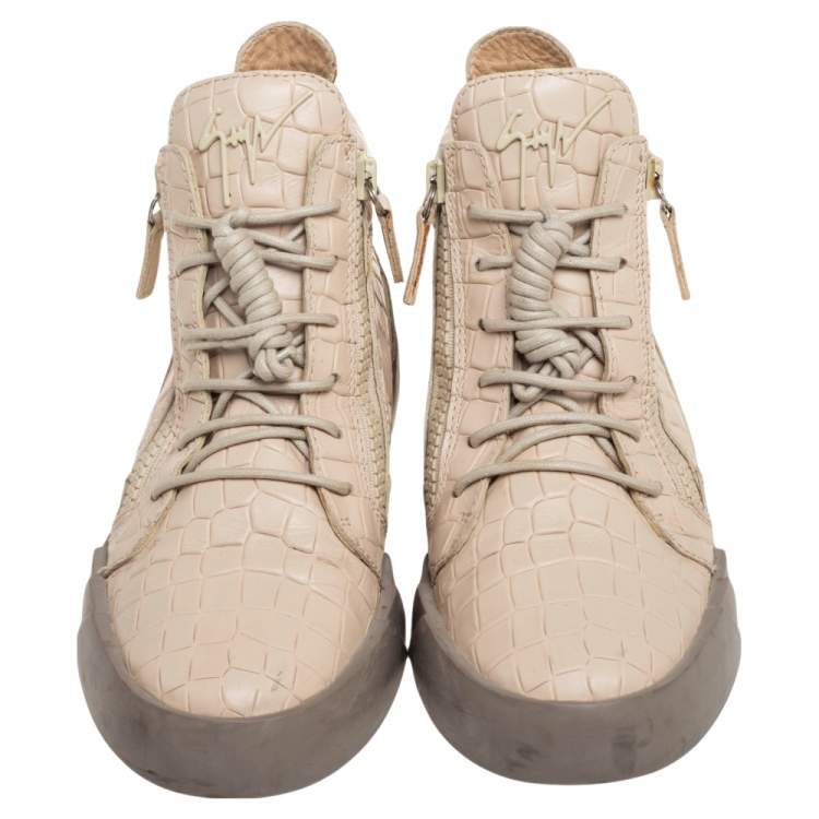 Pre Owned Giuseppe Zanotti Beige Croc Embossed Leather London High Top Sneakers Size 40