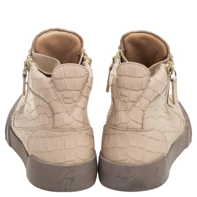 Pre Owned Giuseppe Zanotti Beige Croc Embossed Leather London High Top Sneakers Size 40