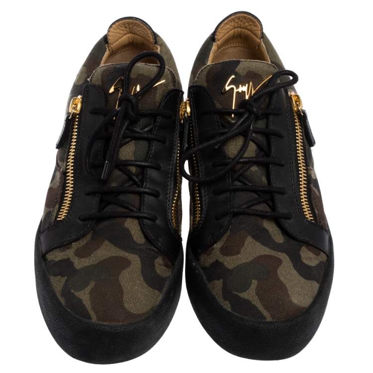Pre Owned Giuseppe Zanotti Green/Black Canvas Zipper Low Top Sneakers Size 45