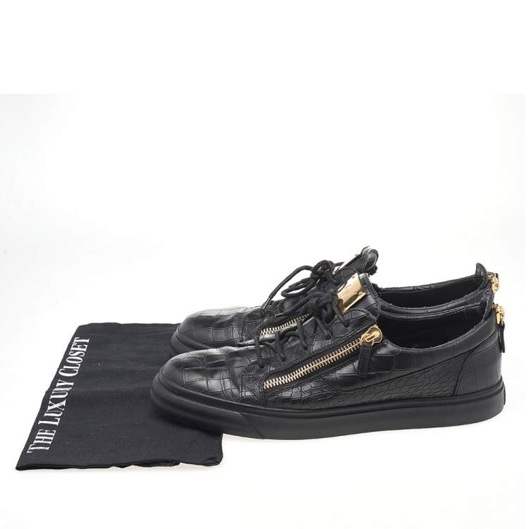 مملوكة مسبقًا Giuseppe Zanotti Black Croc Embossed Leather London Low Top Sneakers Size 45