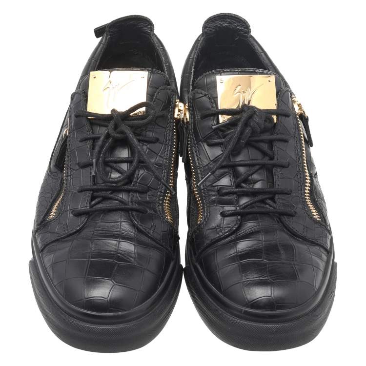 مملوكة مسبقًا Giuseppe Zanotti Black Croc Embossed Leather London Low Top Sneakers Size 45