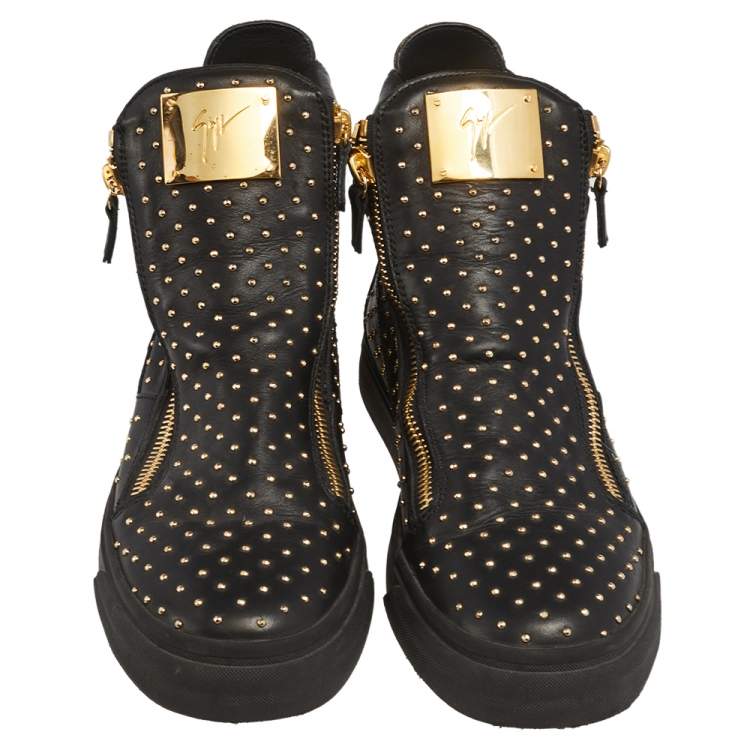 Pre Owned Giuseppe Zanotti Black  Leather Metal Studded Accent High Top Sneakers Size 42