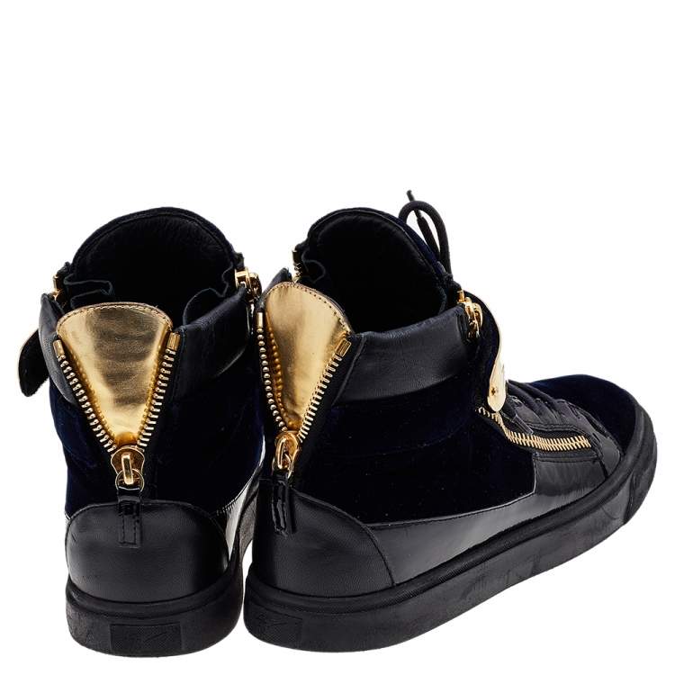 Pre Owned Giuseppe Zanotti Navy Blue/Black Velvet and Leather Coby High Top Sneakers Size 43