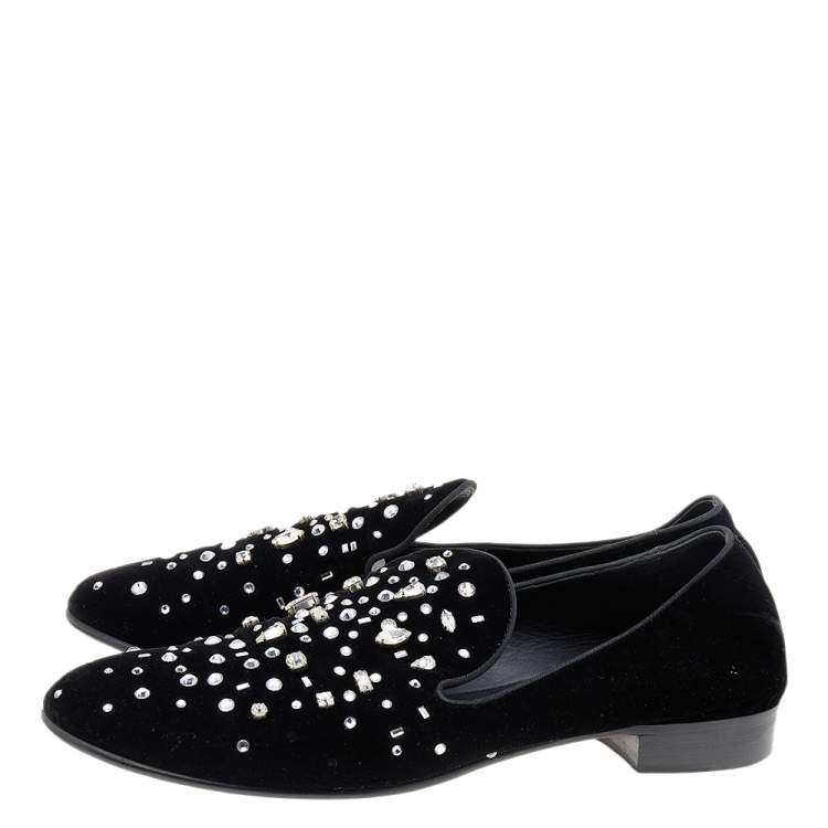 Pre Owned Giuseppe Zanotti Black Velvet Crystal Embellished Smoking Slippers Size 46
