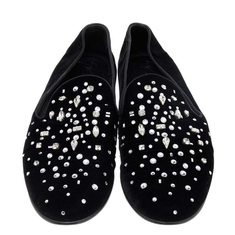 Pre Owned Giuseppe Zanotti Black Velvet Crystal Embellished Smoking Slippers Size 46
