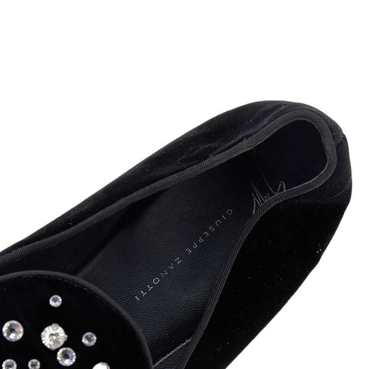 Pre Owned Giuseppe Zanotti Black Velvet Crystal Embellished Smoking Slippers Size 46