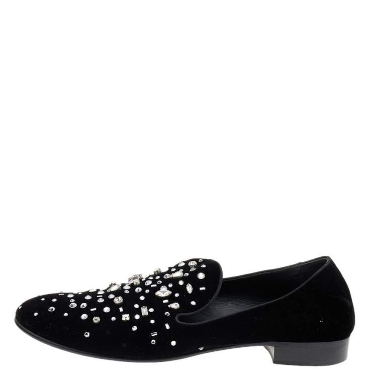 Pre Owned Giuseppe Zanotti Black Velvet Crystal Embellished Smoking Slippers Size 46