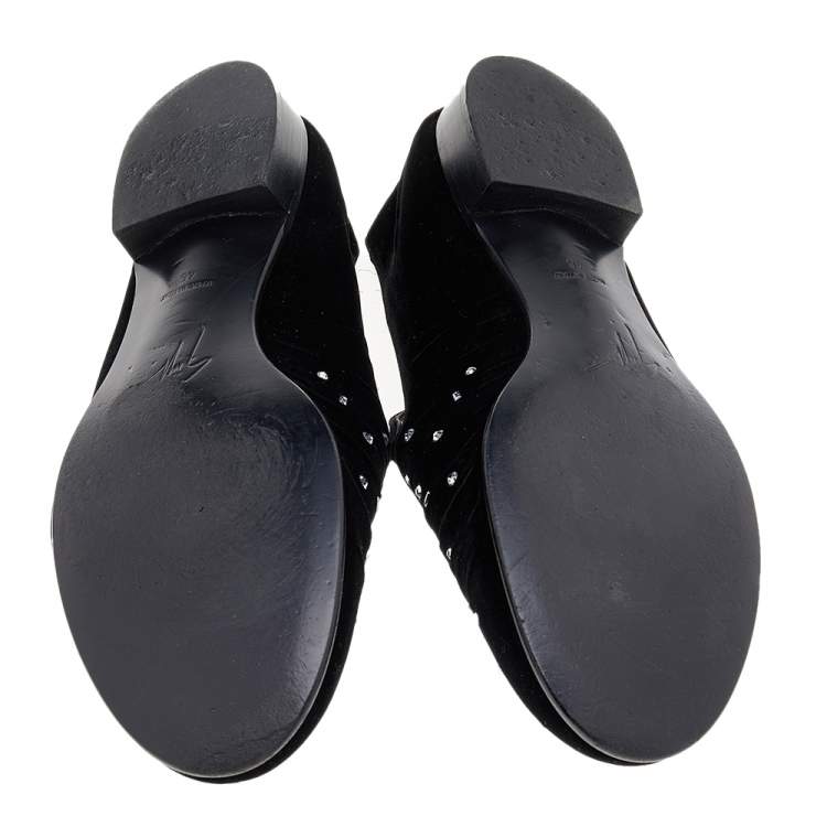 Pre Owned Giuseppe Zanotti Black Velvet Crystal Embellished Smoking Slippers Size 46