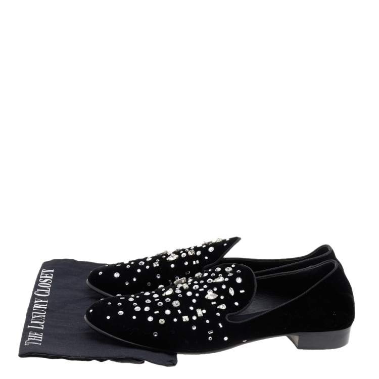 Pre Owned Giuseppe Zanotti Black Velvet Crystal Embellished Smoking Slippers Size 46