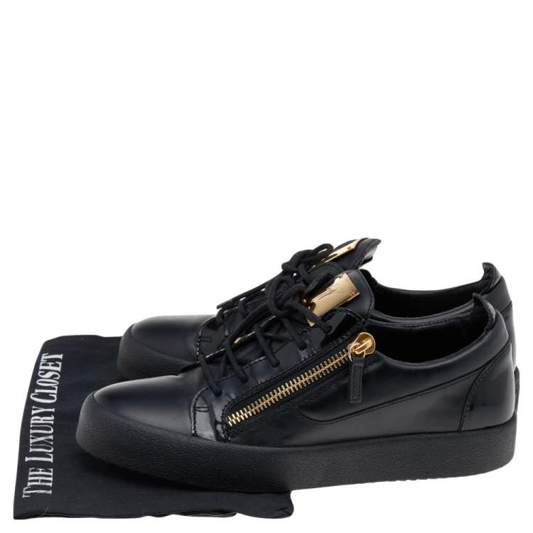 Pre Owned Giuseppe Zanotti Black Leather and Patent Double Zipper Low Top Sneakers Size 42.5