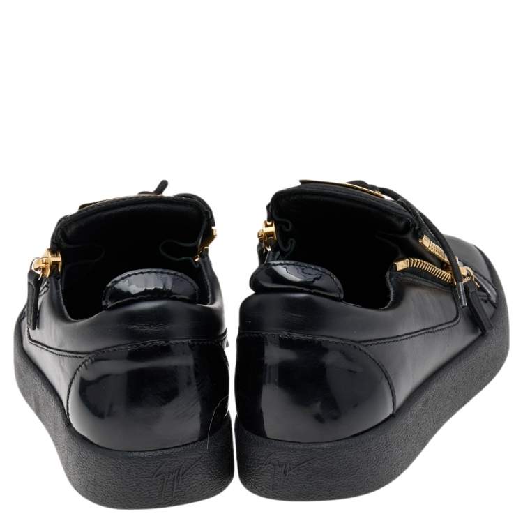 Pre Owned Giuseppe Zanotti Black Leather and Patent Double Zipper Low Top Sneakers Size 42.5