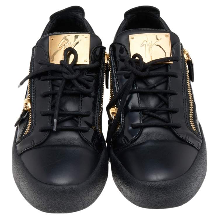 Pre Owned Giuseppe Zanotti Black Leather and Patent Double Zipper Low Top Sneakers Size 42.5