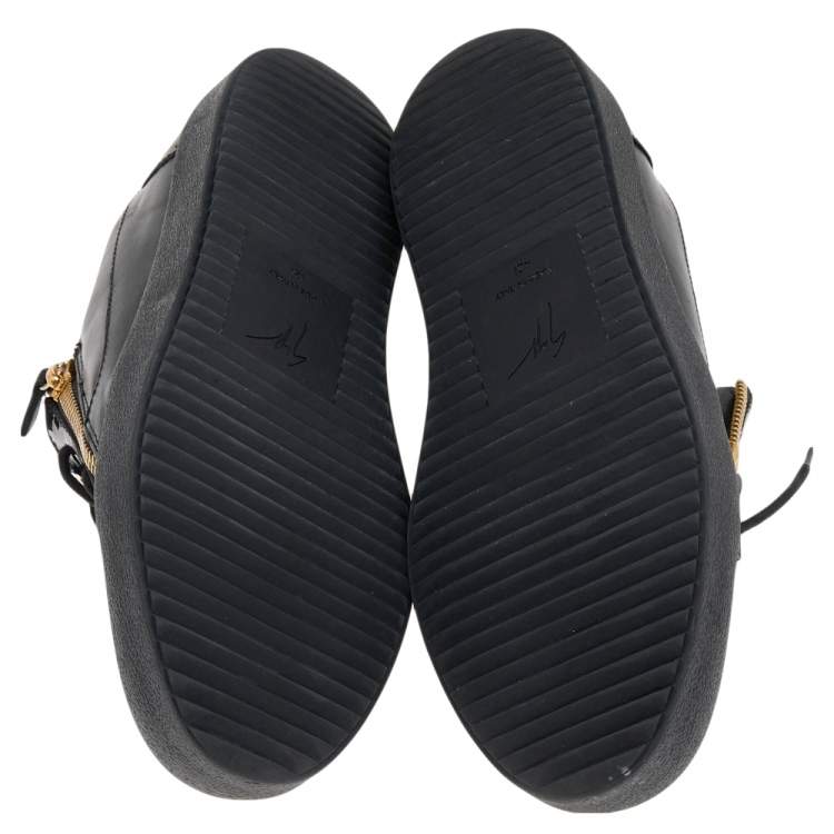 Pre Owned Giuseppe Zanotti Black Leather and Patent Double Zipper Low Top Sneakers Size 42.5