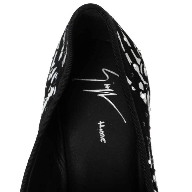 Pre Owned Giuseppe Zanotti Black Crystal Embellished Hand Print Suede Smoking Slippers Size 41.5