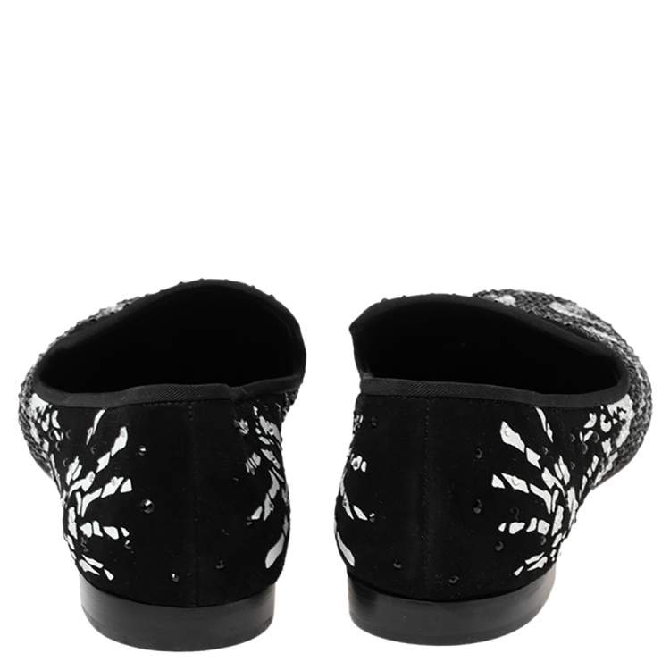 Pre Owned Giuseppe Zanotti Black Crystal Embellished Hand Print Suede Smoking Slippers Size 41.5