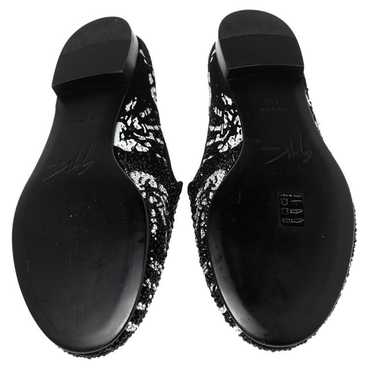 Pre Owned Giuseppe Zanotti Black Crystal Embellished Hand Print Suede Smoking Slippers Size 41.5