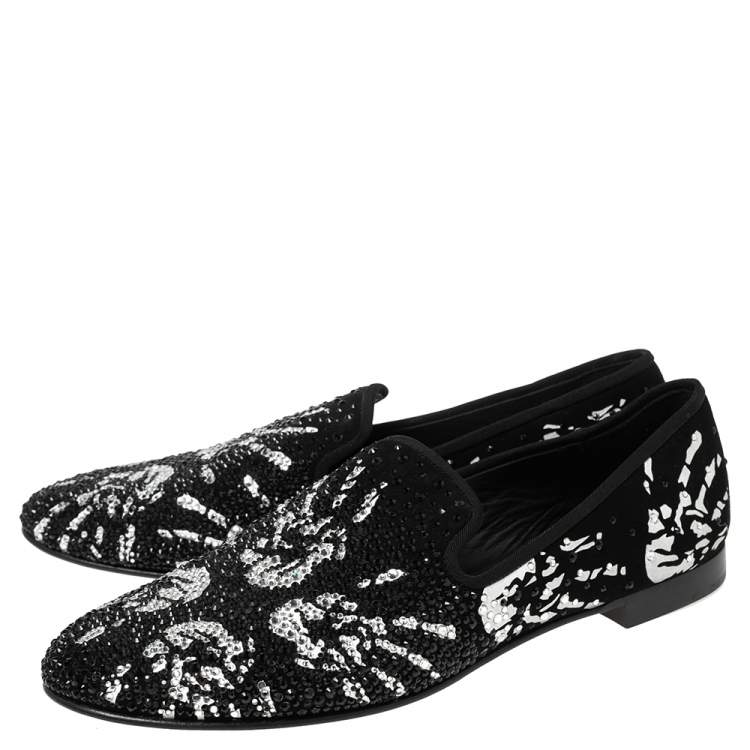 Pre Owned Giuseppe Zanotti Black Crystal Embellished Hand Print Suede Smoking Slippers Size 41.5
