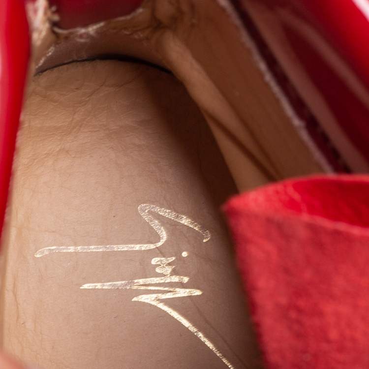 Pre Owned Giuseppe Zanotti Red Patent And Leather Kriss Steel Sneakers Size 38.5