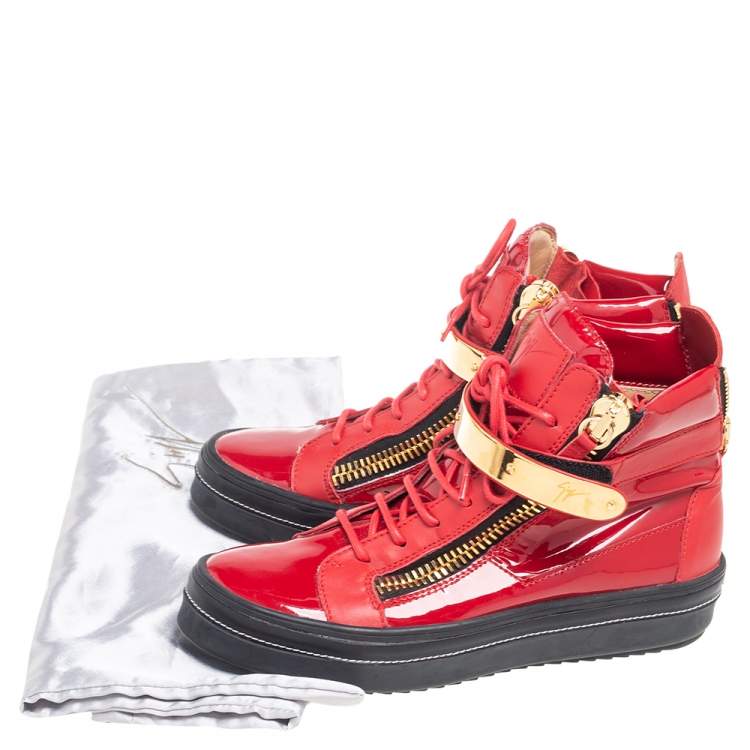 Pre Owned Giuseppe Zanotti Red Patent And Leather Kriss Steel Sneakers Size 38.5