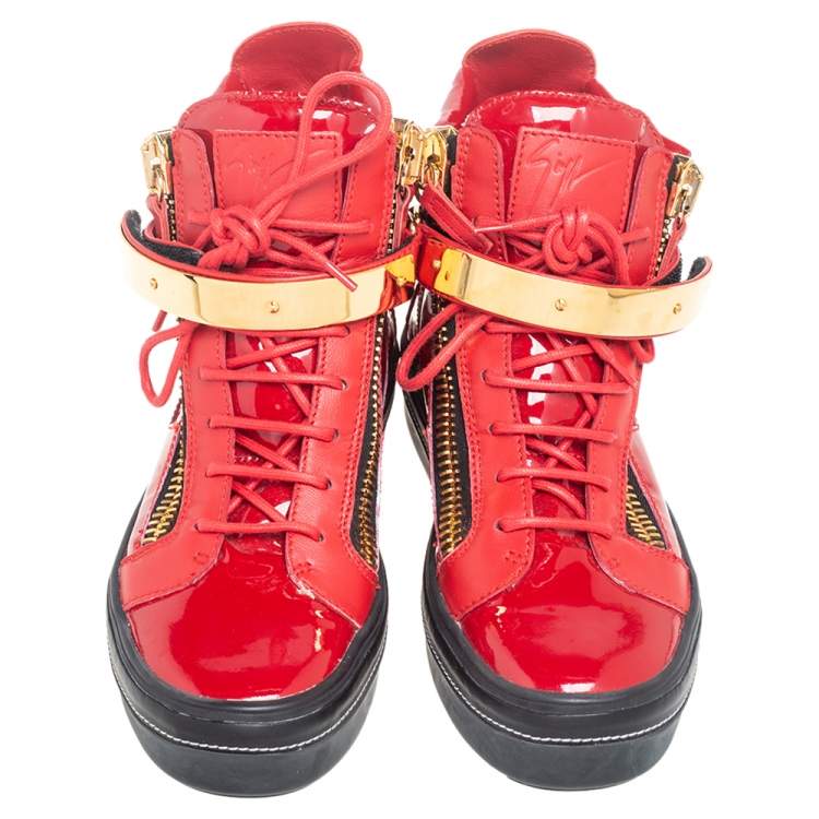 Pre Owned Giuseppe Zanotti Red Patent And Leather Kriss Steel Sneakers Size 38.5