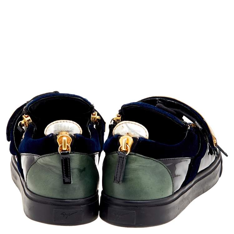 Pre Owned Giuseppe Zanotti Multicolor Velvet And Patent Leather Double Zipper Low Top Sneakers Size 43