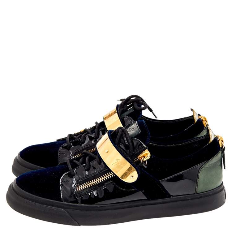 Pre Owned Giuseppe Zanotti Multicolor Velvet And Patent Leather Double Zipper Low Top Sneakers Size 43