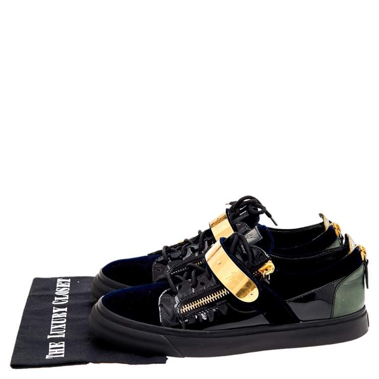 Pre Owned Giuseppe Zanotti Multicolor Velvet And Patent Leather Double Zipper Low Top Sneakers Size 43